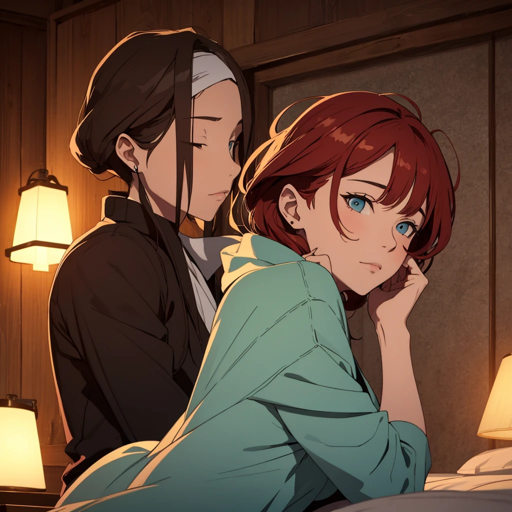 a boy with his face covered by straight bangs lying on his bed, next to his mother, a short woman with red hair. looking out the window at the lights in the center of the medieval Japanese city far away.