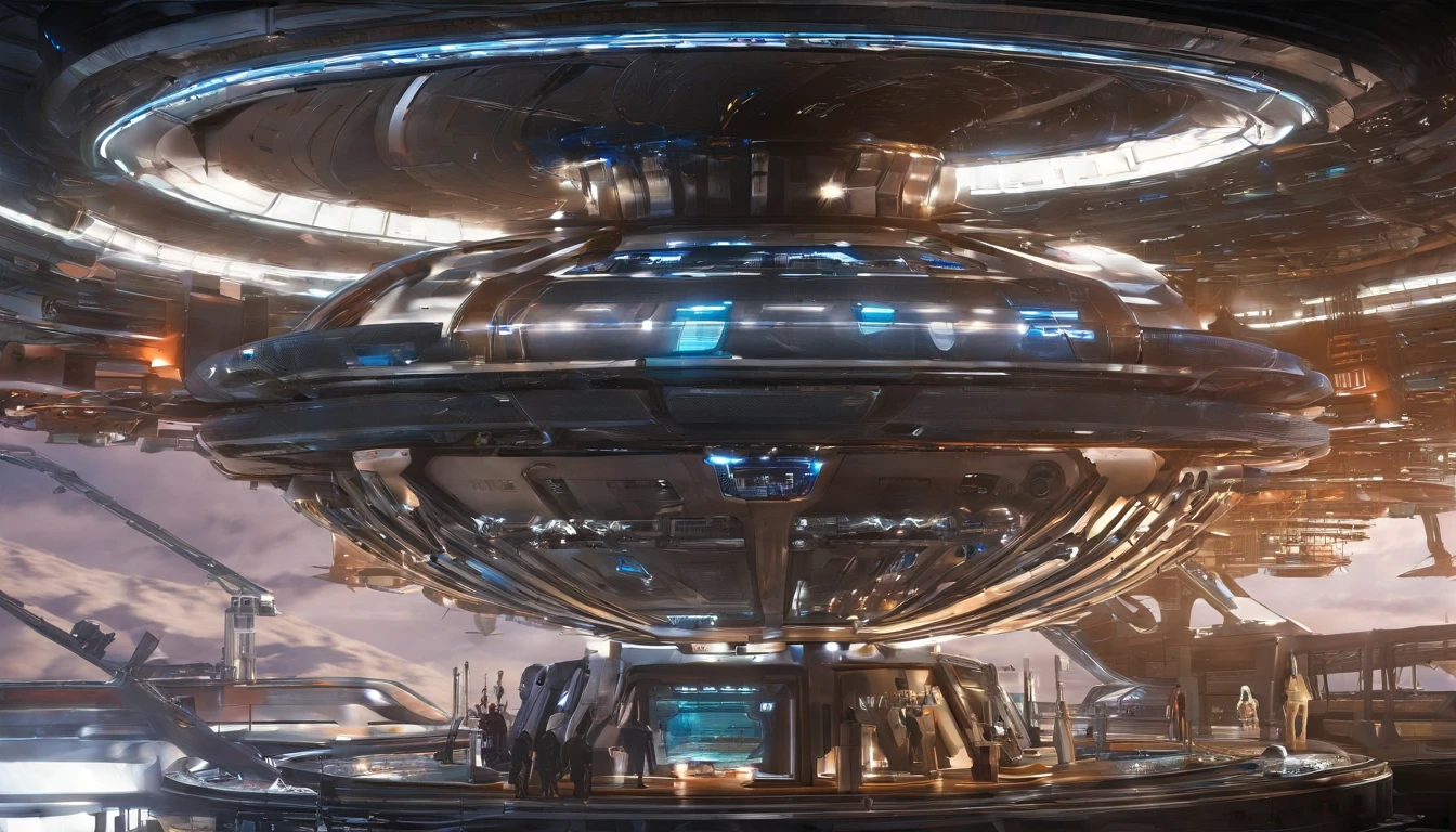 What photography,Ultra photo realsisim,Hyper-detailing,Ultra-wide-angle picture,24th century,sci fi city,and the sun was shining brightly,Tech City of the Future,Oval building,Suspended circular aircraft,Roads that lead in all directions,highly detailed surreal vfx,Smudge,Faraway view,super-fine,ultra - detailed,high qulity,8K ,oc rendered,dynamic viewing angle
