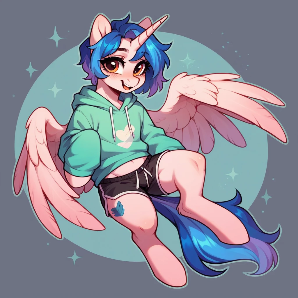 My little pony OC, wild pony, cuddly, feminine gender, in a sweatshirt, shorts, alicorn, full body