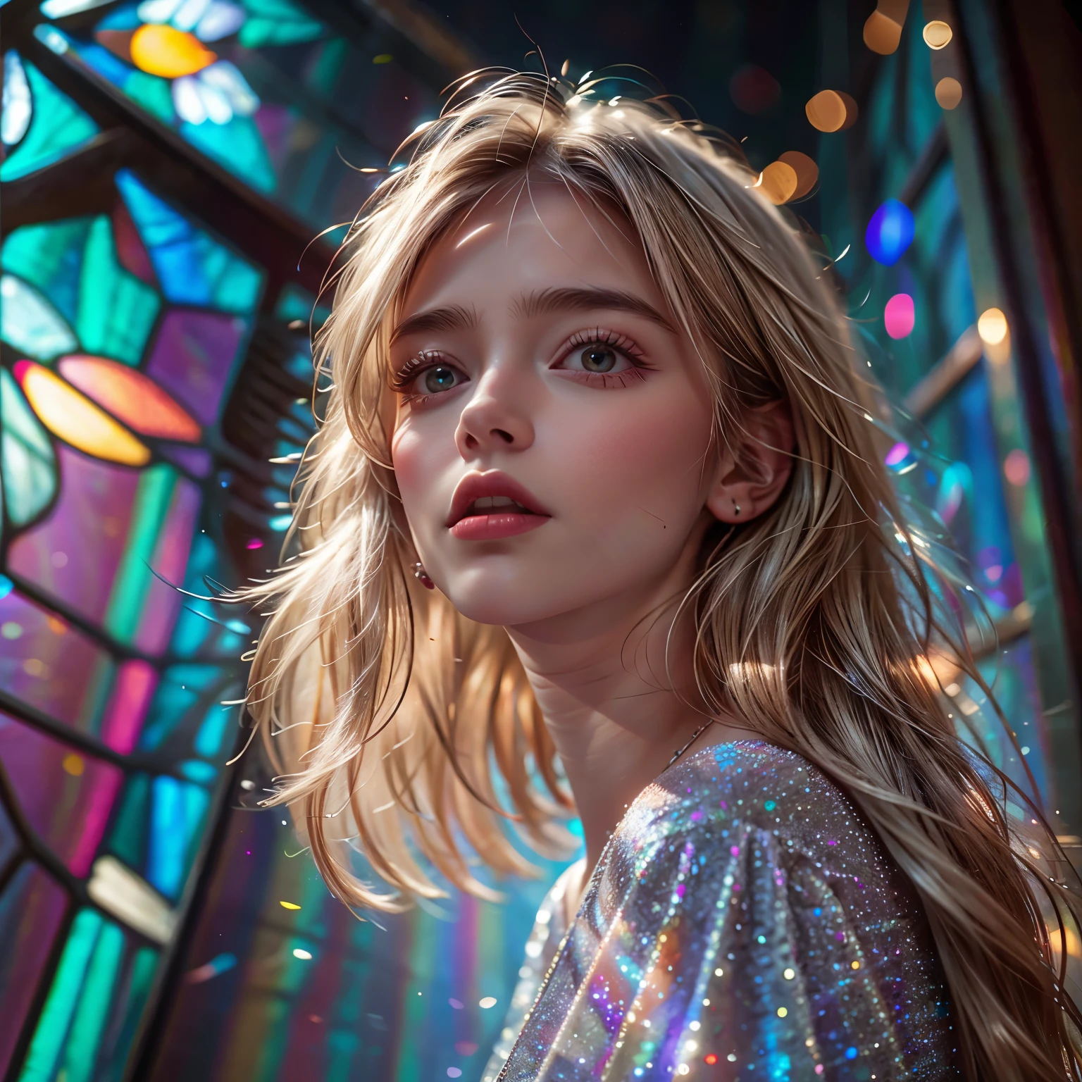 (Cathedral from below:1.28) (BokeH ZoomLayer) TopQuality 8K masterpiece of ((Professional photo)), (((Clarisse de Cagliostro))) (Detailed White WeddingDresses), Chain, (CloseUp of (Extremely detailed (KAWAII face))) {((VeiledFace))|BlondeHair|(Elaborate BuleEyes)with(SparklingHighlights:1.28)}, The background is distant (((Elaborate stained glass))) Rainbow Glass, {(MysticSight)|EnchantingAtmosphere|Haze|(GodRays)|TyndallEffect}, Radiant PearlSkin with Transparency, (Exposed:0.39), BluB