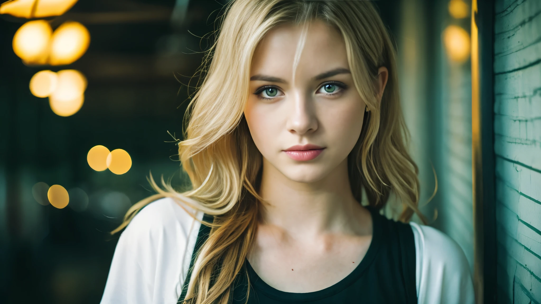 tatuados,Beautiful blonde with big breasts in a black T-shirt、Many tattoos on arms and neck、 (Late night school hallway、walk),Candlelight only,Very detailed, 21 years old, Innocent face, Wavy Hair, blue eyes, High resolution, masterpiece, Highest quality, Intricate details, Very detailed, Clear focus, Delicate skin, practical skin texture, texture, Delicate eyes, Professional, 4K, Sad face,despair、 Shot with Canon, 85mm, Shallow and deep, Kodak Vision Color, Exactly, Very detailed, photograph_\(Extremist\), photographpractical, practical, Post-processing, Maximum details, Roughness, Real Life, Extremist practical, Photorealism, photographgraphy, 8K Ultra HD, photographgraphy