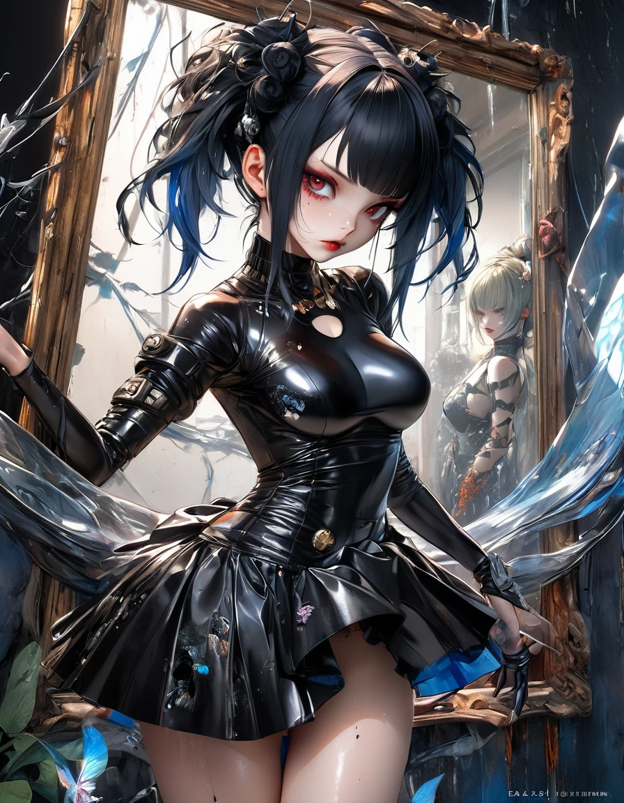 atmosphere oleosa sombria Artwork By Jesper Ejsing Looking into the mirror of truth Detailed cyber lagarto punk girl sexy DBZ Vampira Naruto fênix Carne Griffiths Michael Garmash, seb McKinnon, masterpiece", Blue Marron latex art, in 4D lighting, 8k concept art; ; trending on artstation; deep color; ink drawing; In Futuristic Ultra Detailed , fear Background, Highly Detailed, in buraco negro Scale Like Skin, Daz 3d, Unity, Unreal Engine 5