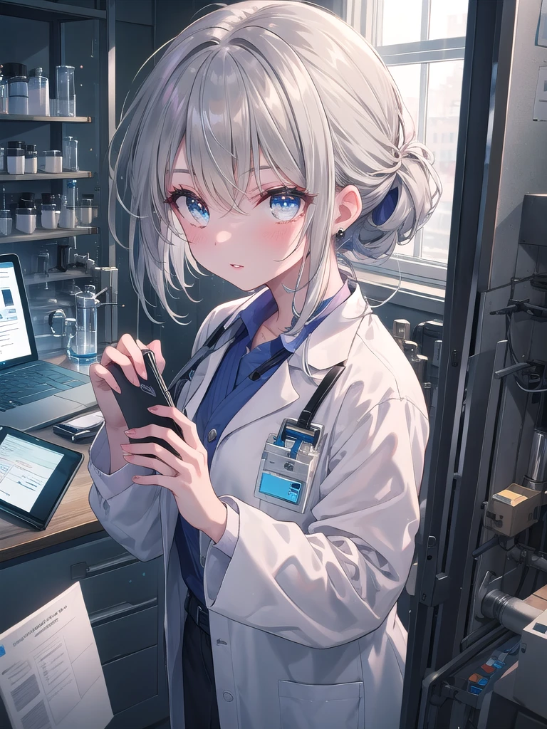 ((8k, best quality, master piece: 1.3)),super high resolution,(1 girl, solo), (colorshift eyes, hyperdetailed, expressive sparkling, glitter, glowing eyes), ultra detailed eyes, ultra-detailed face, random hair, ((silver gray color)),A beautiful female researcher. The background is a clean room, with special equipment lined up to maintain a sterile environment. The woman is wearing a blue clean room gown over her lab coat, made of lightweight nylon material that does not restrict her movement. The angle of the shot is set as a bust shot so that her expression can be seen clearly. The woman's face is made of modest makeup, and her lips have a soft beige matte texture. Her eyes are sharp and intelligent, with long eyelashes and natural eyeshadow. Her hair is tied up in a hair net, and each strand of hair is drawn realistically. Her hair is natural brown and shines in the bright lighting of the clean room.

She is looking through a microscope to observe a cell sample. She is depicted operating the adjustment dial with her right hand and entering the observation results into a laptop with her left hand. The microscope is equipped with a high-resolution camera, and the observation results are displayed on the monitor in real time. In the background, clean benches and test tube racks are arranged in an orderly fashion, along with equipment for maintaining a sterile environment. High-precision laboratory equipment is placed around her, demonstrating her high level of skill and knowledge.

The texture of her skin, the softness of the nylon material of her gown, and the way the light hits her are depicted in detail. The bright lighting of the clean room accentuates her intelligent and beautiful features, and the overall atmosphere is clean and professional. Her concentrated facial expression and precise hand movements convey her passion and pride in her research.