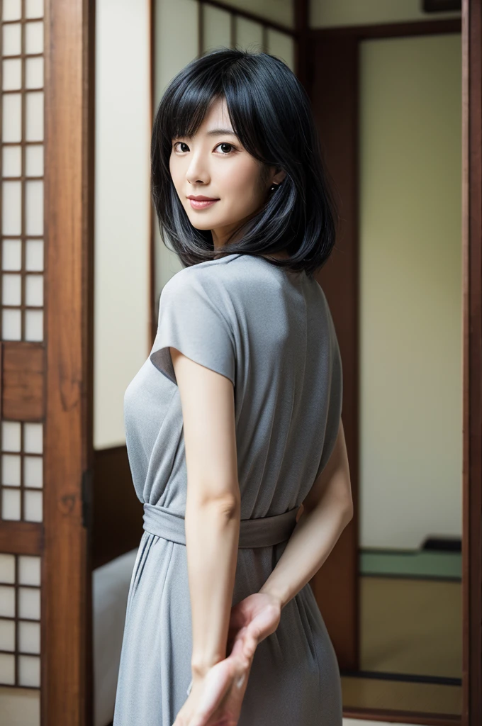 Highest quality,High quality,Realistic,40-year-old Japanese woman,Model-like body,Black Hair,Married Woman,Mature Woman,Aunt,A depiction that shows the whole body