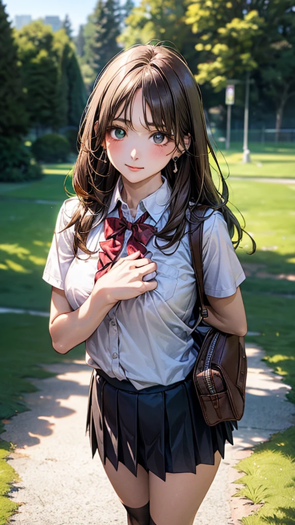 (masterpiece:1.2, top-quality), (realistic, photorealistic:1.4), beautiful illustration, (natural side lighting, movie lighting),
looking at viewer, cowboy shot, front view:0.6, 1 girl, japanese, high school girl, perfect face, cute and symmetrical face, shiny skin,
(long hair:1.8, straight hair:1.7, light brown hair), parted bangs, emerald green eyes, long eye lasher, (large breasts:0.9, thick thighs),
beautiful hair, beautiful face, beautiful detailed eyes, beautiful clavicle, beautiful body, beautiful chest, beautiful thigh, beautiful legs, beautiful fingers,
((, white collared shirts, black pleated mini skirt, black socks, brown loafers, red bow tie)), break, hoop ring earrings, pink panties, dark blue school bag, violet cardigan, break,
(beautiful scenery),In the grass of a meadow, a girl stands, slightly, legs open. A complete body. Perfect hands and legs.
Her face, bright red, flush and shy.
You can see her nipples standing out, even through her shirt. (The skirt is shorter than normal, but even shorter, a very short mini-pleated skirt that almost reveals her panties.)The girl has brown hair.
(The skirt is extremely short.)
