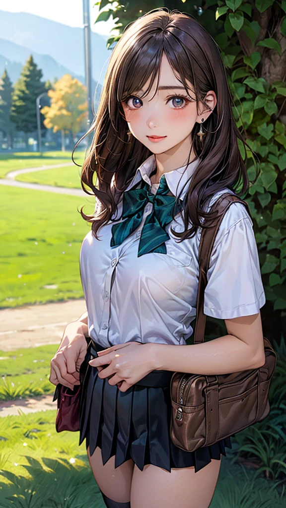 (masterpiece:1.2, top-quality), (realistic, photorealistic:1.4), beautiful illustration, (natural side lighting, movie lighting),
looking at viewer, cowboy shot, front view:0.6, 1 girl, japanese, high school girl, perfect face, cute and symmetrical face, shiny skin,
(long hair:1.8, straight hair:1.7, light brown hair), parted bangs, emerald green eyes, long eye lasher, (large breasts:0.9, thick thighs),
beautiful hair, beautiful face, beautiful detailed eyes, beautiful clavicle, beautiful body, beautiful chest, beautiful thigh, beautiful legs, beautiful fingers,
((, white collared shirts, black pleated mini skirt, black socks, brown loafers, red bow tie)), break, hoop ring earrings, pink panties, dark blue school bag, violet cardigan, break,
(beautiful scenery),In the grass of a meadow, a girl stands, slightly, legs open. A complete body. Perfect hands and legs.
Her face, bright red, flush and shy.
You can see her nipples standing out, even through her shirt. (The skirt is shorter than normal, but even shorter, a very short mini-pleated skirt that almost reveals her panties.)The girl has brown hair.
(The skirt is extremely short.)