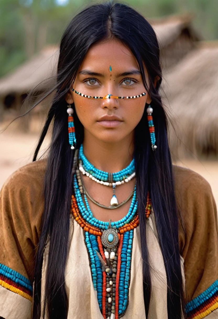I want you to create a delicate and beautiful character.  She is a 30-year-old woman with characteristics typical of the Apache people.   Her long, straight black hair frames a face with the tanned skin common among her people.   Her light blue eyes contrast with her skin color, creating a piercing and expressive look.   She wears traditional clothing from her tribe, made from animal skin, and her face is covered in dirt.