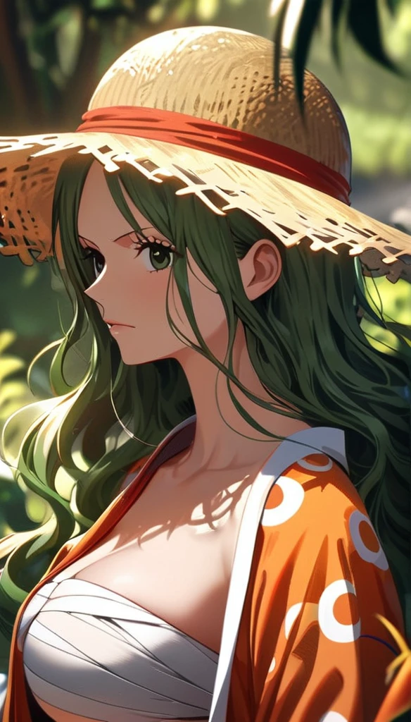 masterpiece, best quality), intricate details, 1 girl, woman, green hair, nami \ (one piece\), (long hair), shirt, white shirt, female focus, clothes, orange colour kimono, sarashi, nature, scenery, upper body, straw hat, ((front view)) ((close up shot)) ((solo)) ((hair over one side of face)) detailed, very high resolution, no blurry image, full body, green eyes, sligh wavy hair, ((nami from one piece)) ((female nami from one piece)), holding katana 