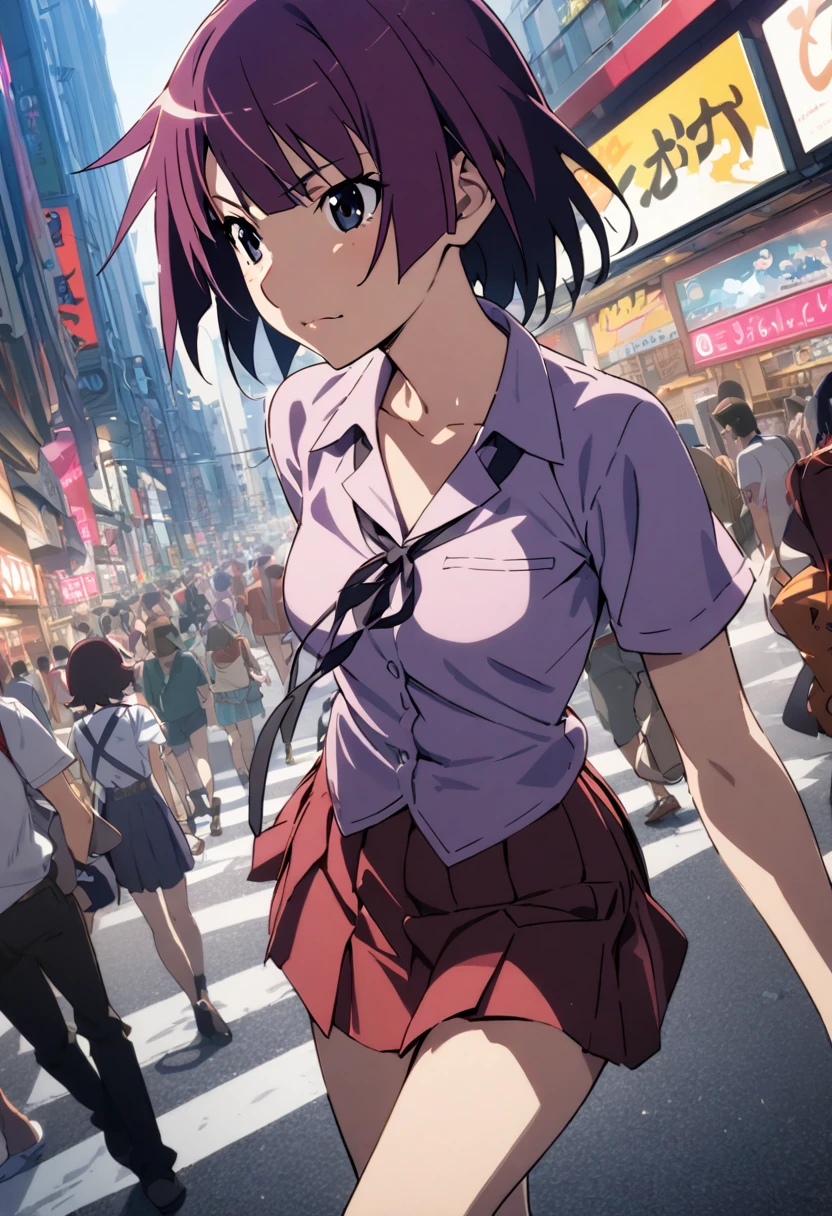 1girl, senjougahara hitagi, short hair,monogatari \(series\), collared shirt,shortsleeves,pleats skirt,strings tie,dynamic angle,in the shibuya,masterpiece, best quality, absurdres,
