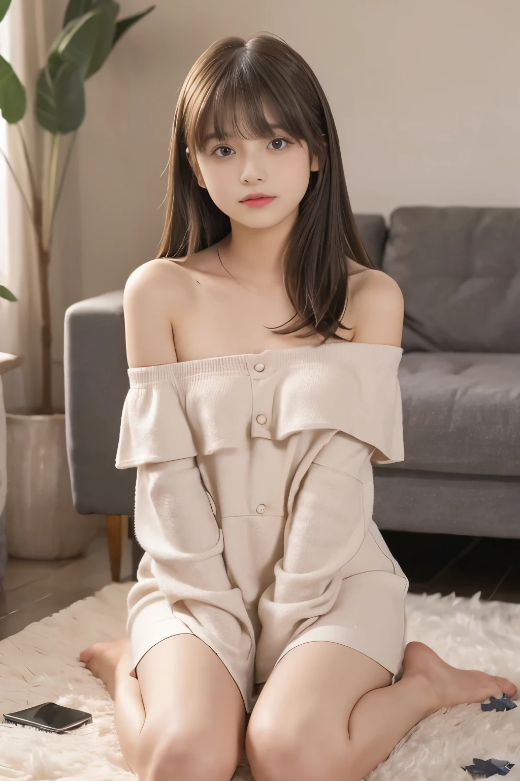(10_yo:1.5),thighs_shot,bangs,micro_dress,panty,sitting_on_floor_with_one_knee_up,(narrow_eyes:1.5),off_shoulder