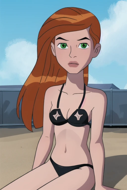 gwentennyson, (8k, RAW photo, best quality, masterpiece:1.2), (intricate details), perfect eyes, perfect face, perfect lighting, beautiful, (masterpiece:1.2), (best quality:1.2), 1girl, cartoon style, solo, redhead, green eyes, black two piece bikini, (feet included) (full body)