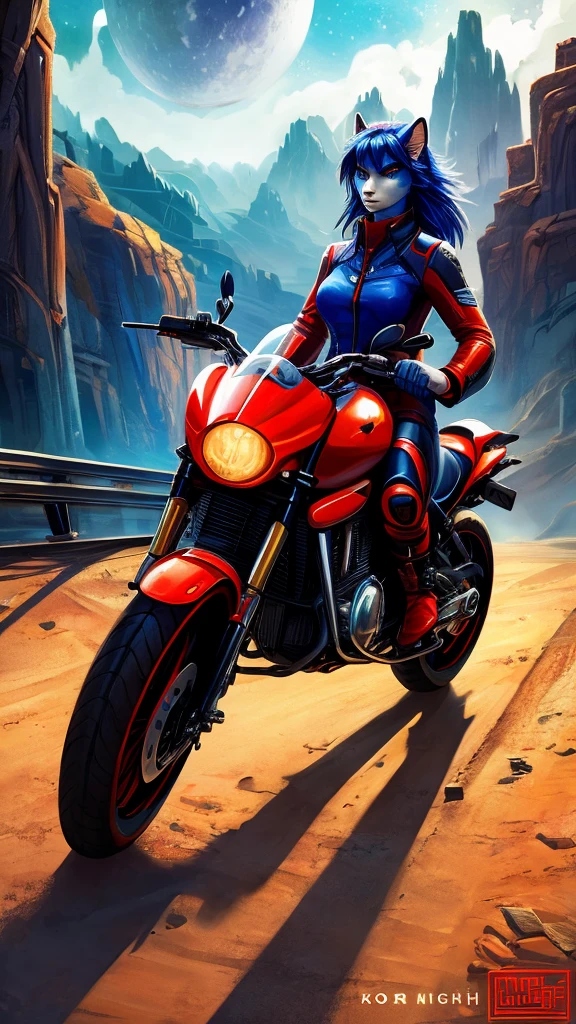 (work of art), (best qualityer), (better detail), (distant overview), (stamp),(main color of the illustration: bright saturated red), (secondary color: lapis lazuli), a red café racer motorcycle driven by a woman with a defiant stance, very detailded chassis, futuristic western scenery, natta (many stars, moonligh), shadowing (detailded, lots of contrast), very saturated pulp colors