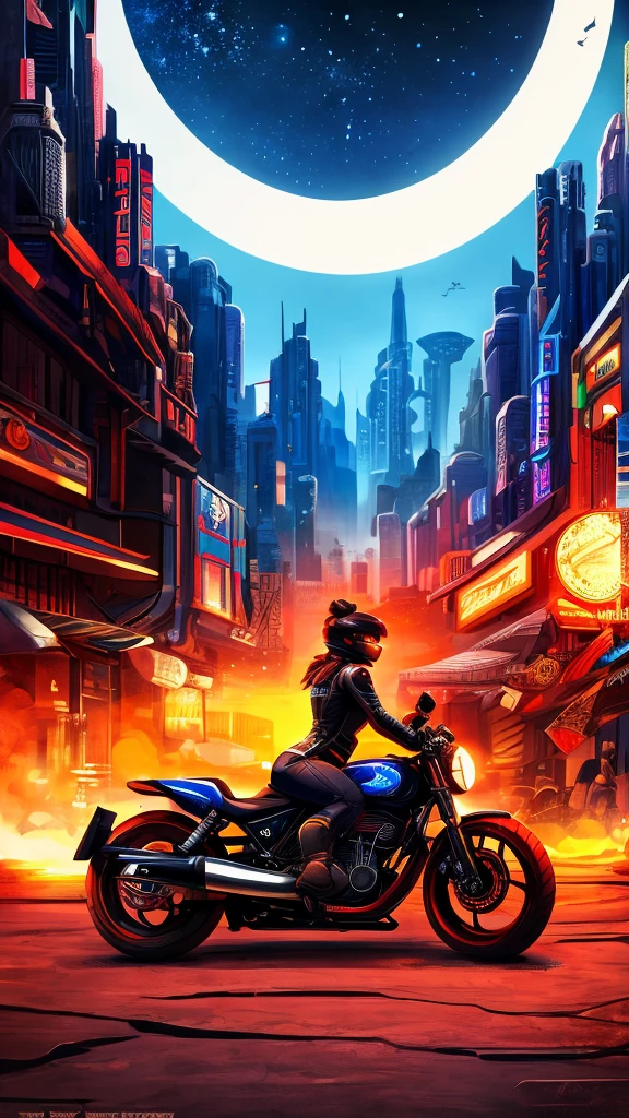 (work of art), (best qualityer), (better detail), (distant overview), (stamp),(main color of the illustration: bright saturated red), (secondary color: lapis lazuli), a red café racer motorcycle driven by a woman with a defiant stance, very detailded chassis, futuristic western scenery, natta (many stars, moonligh), shadowing (detailded, lots of contrast), very saturated pulp colors