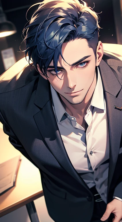 (best quality,4k,8k,highres,masterpiece:1.2),ultra-detailed,(realistic,photorealistic,photo-realistic:1.37),1 man,31 years old,mature man,very handsome,without expression,smile,short blue hair,blue eyes,penetrating gaze,perfect face without errors,imposing posture,businessman,office background,cinematic lighting,hdr image
