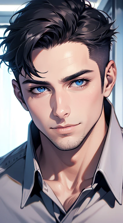 (best quality,4k,8k,highres,masterpiece:1.2),ultra-detailed,(realistic,photorealistic,photo-realistic:1.37),1 man,31 years old,mature man,very handsome,without expression,smile,short blue hair,blue eyes,penetrating gaze,perfect face without errors,imposing posture,businessman,office background,cinematic lighting,hdr image