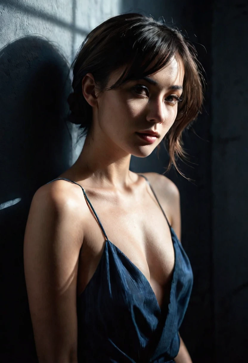 woman bathed in soft light, leaning against a wall, looking into the camera in a moment of raw emotion. Her attire is minimal, accentuating her beauty with the dramatic shadows cast by the lighting. The background is stark, with sharp contrasts highlighting the contours of her form. The blue and black palette intensifies the mood, evoking a sense of mystery and allure. Subtle film grain and meticulous shading add depth and texture, emphasizing the emotional gravity of the scene. The lighting creates a chiaroscuro effect, accentuating her expressive pose and the intense atmosphere.