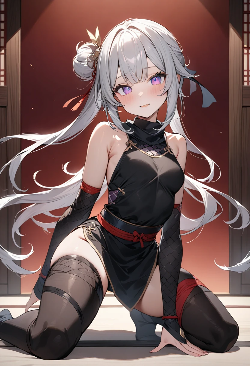 (masterpiece, top quality, very aesthetic, 4k、illustration), intricate detail, 1woman,kneeling 、(cowboy shot)、(),Cute 、clear face、Random Hair Color、,middle hair,sidelock ,Random Color eyes、ninja clothes、small breasts、Slim 、