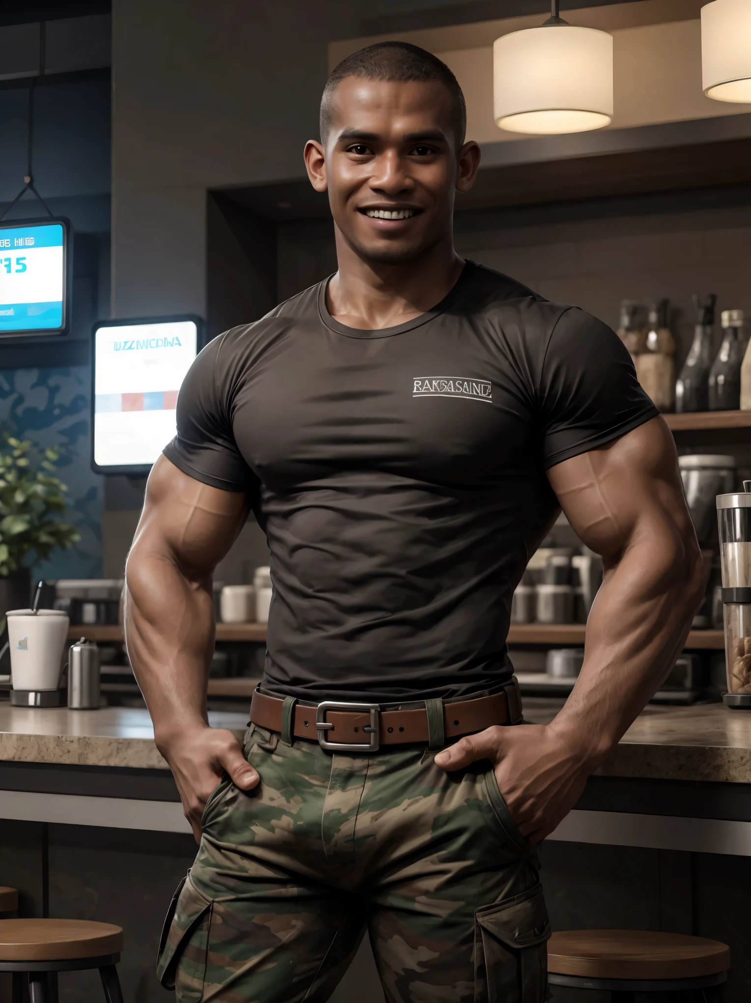 ultra realistic, unreal engine 5, anatomically correct, detailed eyes, brown eyes, detailed face, bara, muscular, wadosanusi, ((colored t-shirt)) standing in coffee shop in Las Vegas, hand on waist, very dark skin, smile, camouflage pants, belt, smile, buzzcut, looking at viewer,