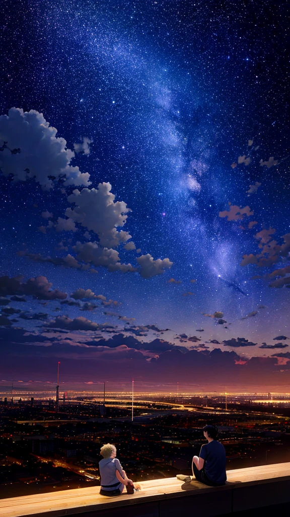 Octane, null, star (null), scenery, starry null, night, One boy, night null, alone, Outdoor, building, cloud, milky way, Sitting, wood, Short Hair, city, silhouette, cityscape