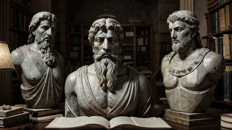 A serene, ancient Greek landscape with a wise-looking character resembling Marcus Aurelius in black and white colors featuring stoic philosopher in form of sculpteres , surrounded by symbols of wisdom like scrolls and books. HYPER REALISTIC