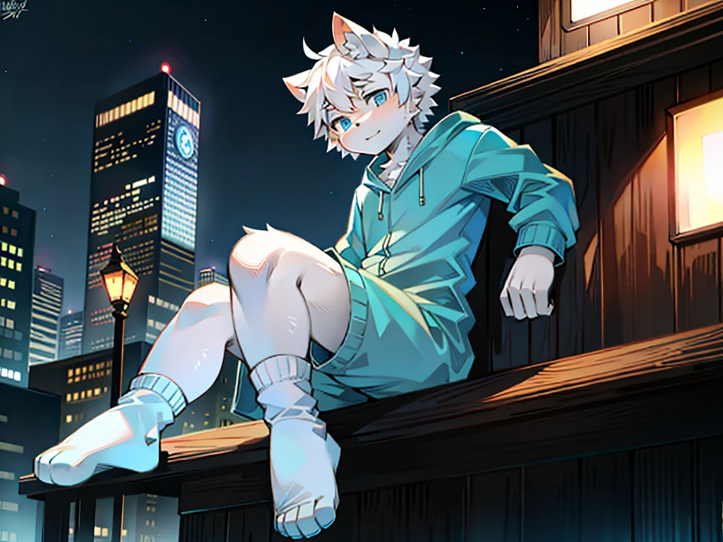 hairy，hairy cat boy，（White hair），blue eyes，Sitting on the roof of a tall building，（Wear short white socks），Light blue cotton pajamas and short pajamas，night，Alone，high quality