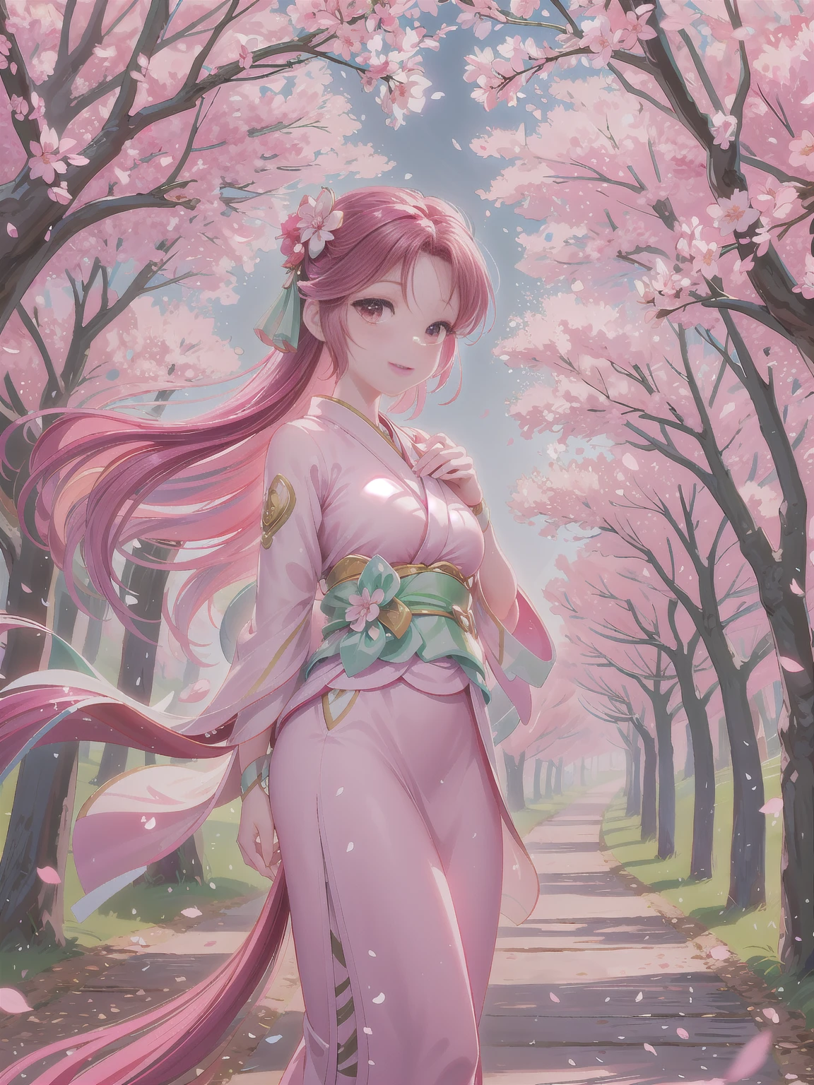 Daji in the Cherry Blossom Forest:
Daji stands in a forest full of cherry blossoms,Wearing a pink kimono,Wearing cherry blossom hair accessories。A breeze blows,Cherry blossom petals falling,She gently raised the fan in her hand,Smiling。The background is a blue sky and a row of cherry blossom trees,A scene of peace and tranquility。