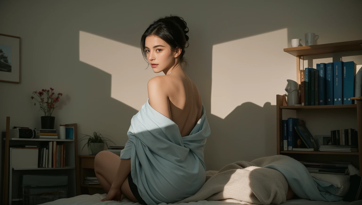 there is a woman on her back sitting on the floor of a room, black hair pulled back, she has a cloth, in the room there is a bed and a white table with a camera on it, on the walls of the room there are several pictures and a shelf of books, books, a cup with pens and an indoor plant, soft morning light. hyperrealism, morning, hyperrealism, early morning, morning mood, late morning, photography, early morning, morning light, morning weather.