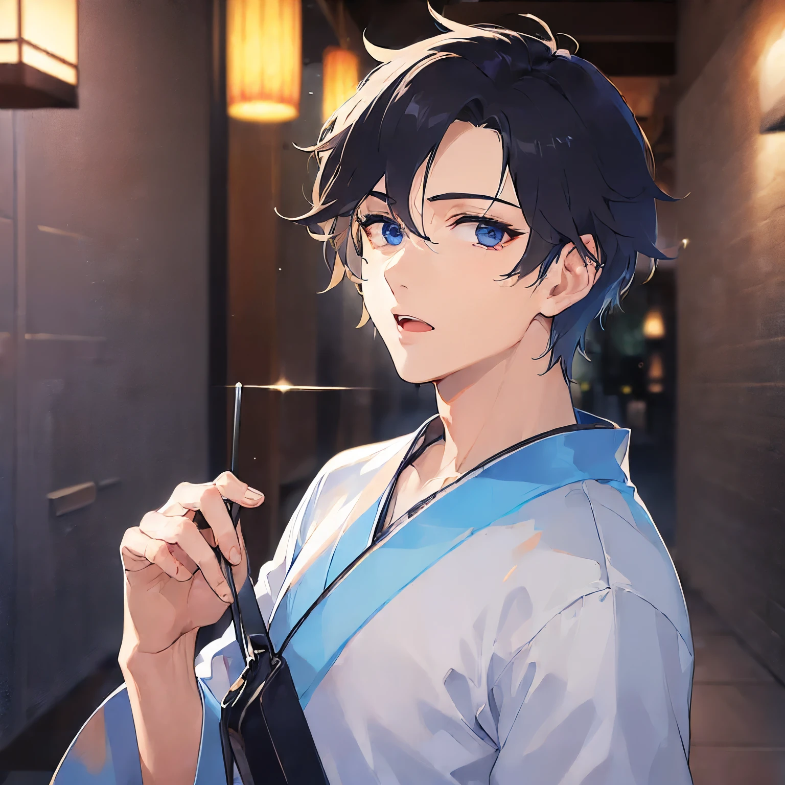 (25-year-old male:2) and(Black short hair) and (blue eyes), (looking away:1.5), upper body、hand on own chest、Shooting from below、
masterpiece、Highest quality、
(Blue) and (yukata),(Serious:1.5),open mouth,The background is a Japanese-style corridor at night,