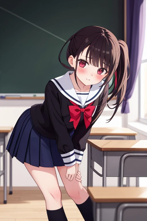 Very detailed,masterpiece,Highest quality,jcf, One girl,,Black ponytail,Big Bow,blush,Leaning forward,classroom,blackboard,machine,window,shirt,skirt,