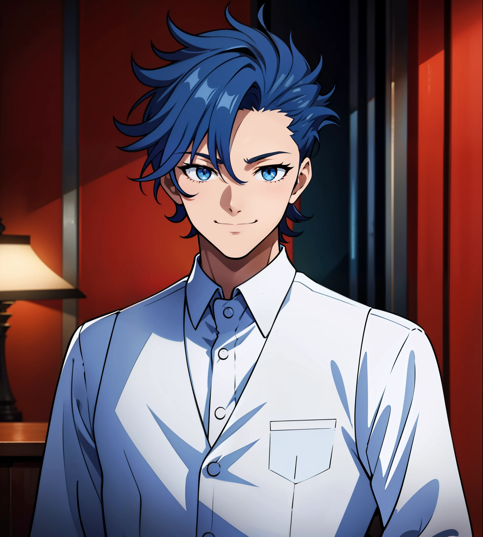 anime boy, bartender, happy expression, holding glass, smiling, dark blue hair, blue eyes, red clothes, white shirt, (beautiful and aesthetic:1. 5), thick black lineart, clean lineart, perfect lineart, moody lighting, gritty, intense, sharp lineart, best quality, high quality, best quality, ultra-detailed, saturated colours, HD,