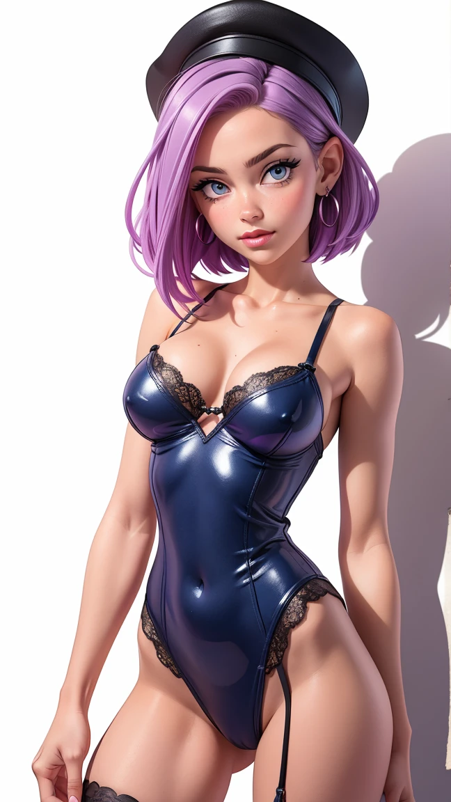 1 girl,(standing alone),(Top-notch image quality),(high qualiy),(high resolution),(detailded),(Artwork),(Artwork:1.2),(cowboy shot:1.4), (realisitic), looking ahead at viewer, olhos detaildeds, face perfect, perfects eyes, rosto detailded,short purple hair,high bandana, earrings, high socks, cute lingerie,curved,(White background),