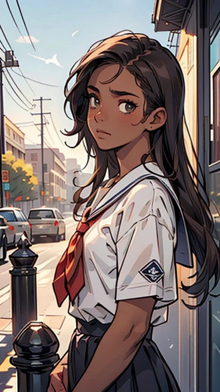 1 girl, (dark brown skin tone:1.4), very long hair, black eye color, wart on right eye, school clothes, cold expression, depressive, dominant aura, (high qualiy, work of art, extremely detaild:1.2), (realisitic, fotorrealisitic:1.2)