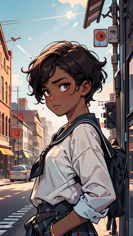 1 girl, (dark brown skin tone:1.4), very long hair, black eye color, wart on right eye, school clothes, cold expression, depressive, dominant aura, (high qualiy, work of art, extremely detaild:1.2), (realisitic, fotorrealisitic:1.2)