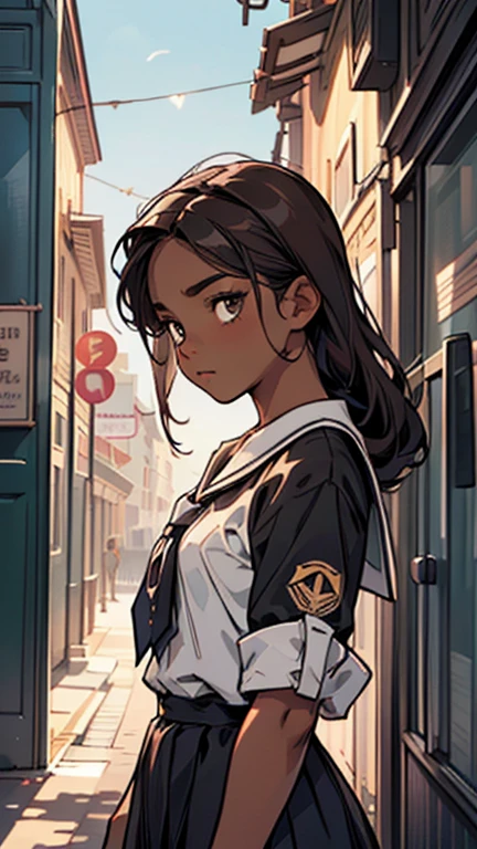 1 girl, (dark brown skin tone:1.4), very long hair, black eye color, wart on right eye, school clothes, cold expression, depressive, dominant aura, (high qualiy, work of art, extremely detaild:1.2), (realisitic, fotorrealisitic:1.2)