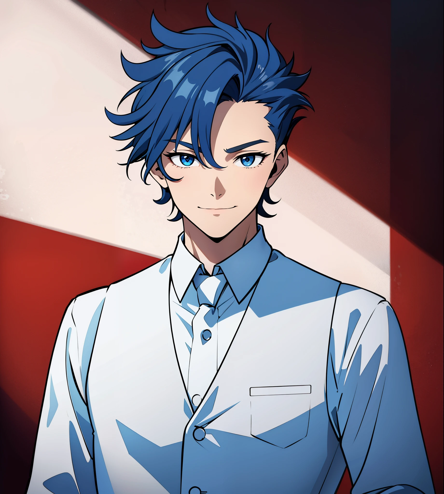 anime boy, bartender, happy expression, holding glass, smiling, dark blue hair, blue eyes, red clothes, white shirt, (beautiful and aesthetic:1. 5), thick black lineart, clean lineart, perfect lineart, moody lighting, gritty, intense, sharp lineart, best quality, high quality, best quality, ultra-detailed, saturated colours, HD,