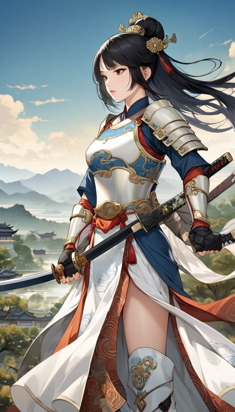 20-year-old female warrior from the Tang Dynasty, dressed in traditional Tang Dynasty battle armor. She is holding a traditional Chinese sword with a poised and confident stance. Her armor features intricate designs and reflects the aesthetics of the Tang period. Her clothing is white with blue stripes, and she wears white boots. She has long black hair styled in a traditional manner. The background is a scenic landscape with a hint of ancient Chinese architecture and nature, emphasizing her readiness for battle."







