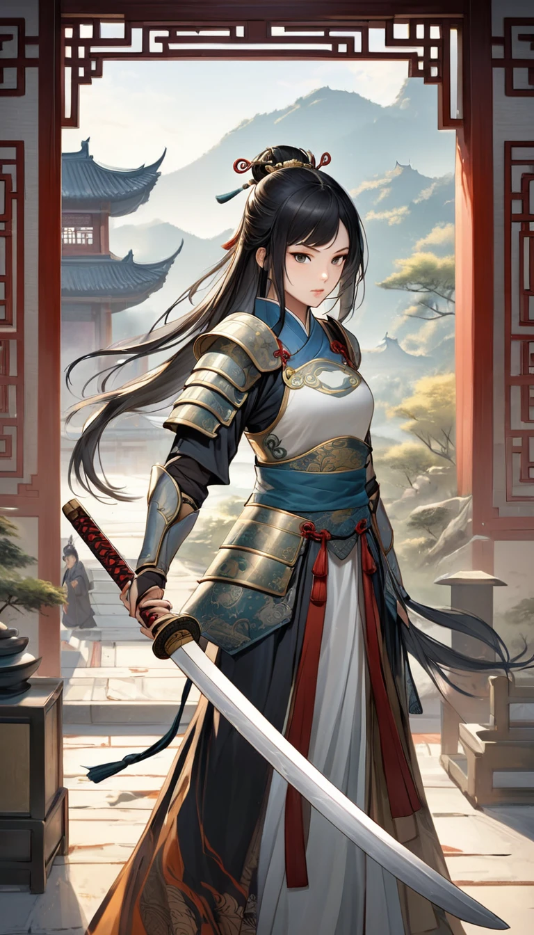20-year-old female warrior from the Tang Dynasty, dressed in traditional Tang Dynasty battle armor. She is holding a traditional Chinese sword with a poised and confident stance. Her armor features intricate designs and reflects the aesthetics of the Tang period. Her clothing is white with blue stripes, and she wears white boots. She has long black hair styled in a traditional manner. The background is a scenic landscape with a hint of ancient Chinese architecture and nature, emphasizing her readiness for battle."






