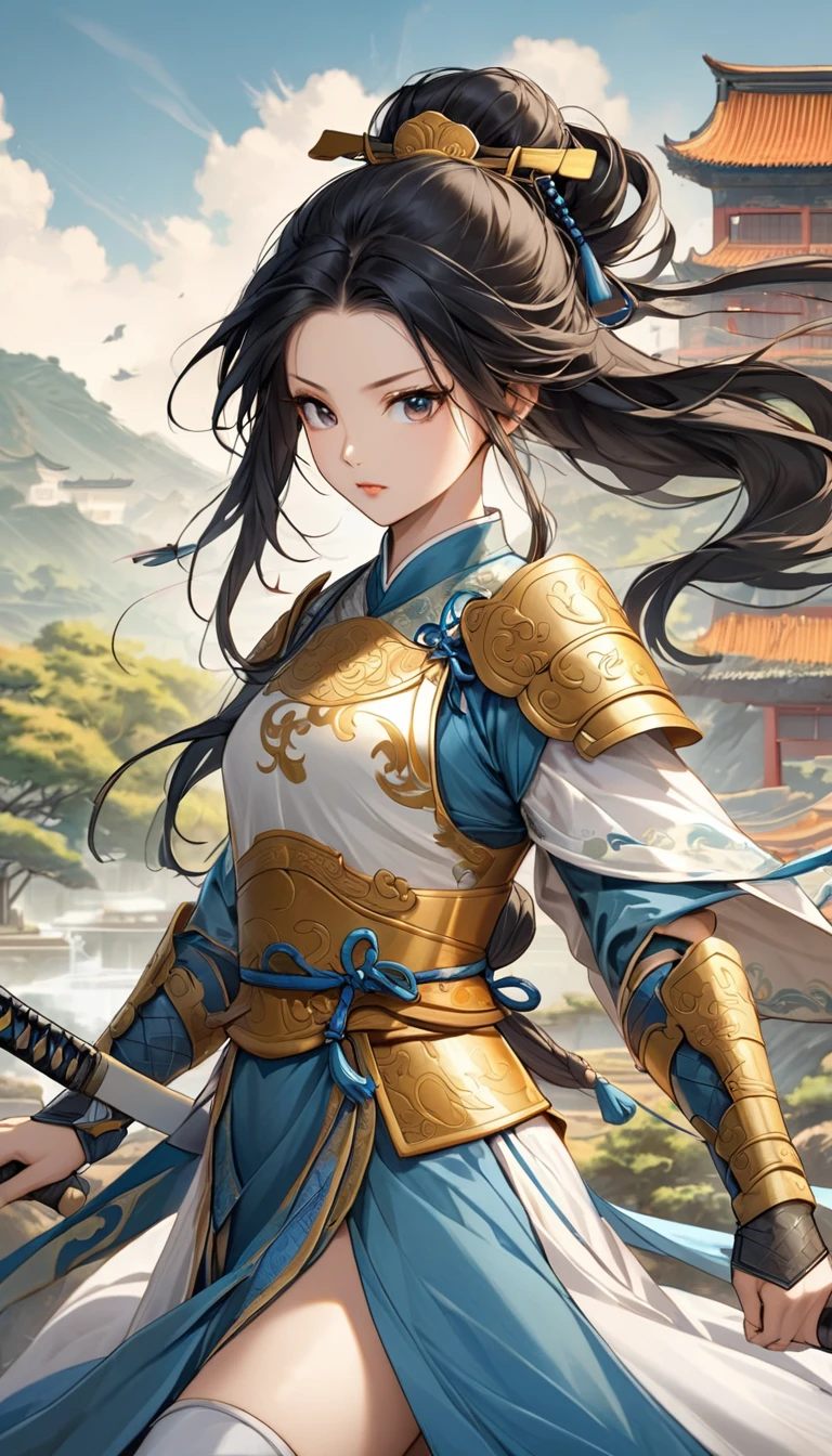20-year-old female warrior from the Tang Dynasty, dressed in traditional Tang Dynasty battle armor. She is holding a traditional Chinese sword with a poised and confident stance. Her armor features intricate designs and reflects the aesthetics of the Tang period. Her clothing is white with blue stripes, and she wears white boots. She has long black hair styled in a traditional manner. The background is a scenic landscape with a hint of ancient Chinese architecture and nature, emphasizing her readiness for battle."