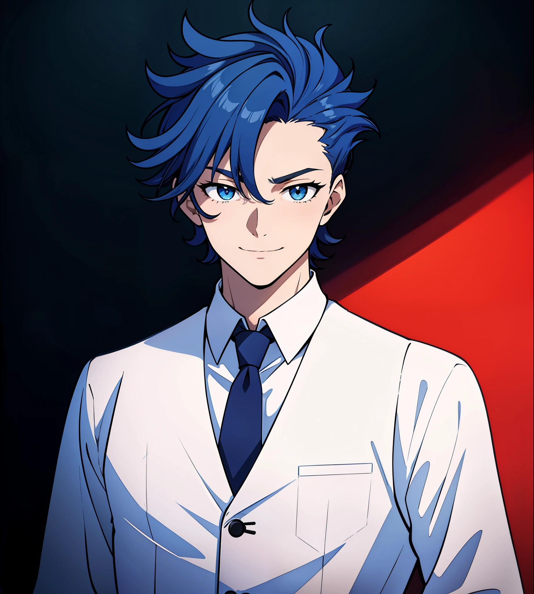 anime boy, bartender, happy expression, holding glass, smiling, dark blue hair, blue eyes, red clothes, white shirt, (beautiful and aesthetic:1. 5), thick black lineart, clean lineart, perfect lineart, moody lighting, gritty, intense, sharp lineart, best quality, high quality, best quality, ultra-detailed, saturated colours, HD,