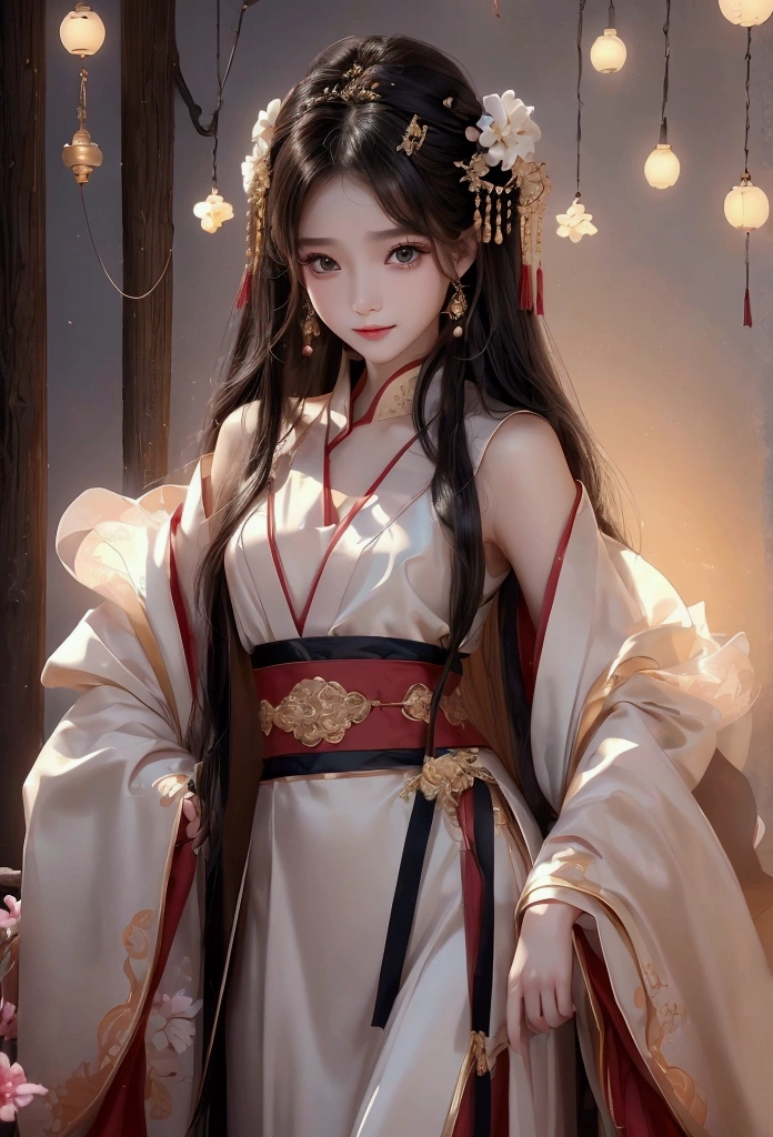 Best image quality、8k、masterpiece：1.3))、Realistic high-quality photos、Highest quality、 Beautiful face、Photos of slim models、Beautiful girl model、Young and pretty face、Beautiful model girl、A lovely and delicate face、Black Hair、Beautiful brown eyes、Young Body、Hanfu, (emphasize)、from the front、Camera gaze,、Anatomically correct、胸の谷間をemphasize、whole body、13-year-old female model、smile
