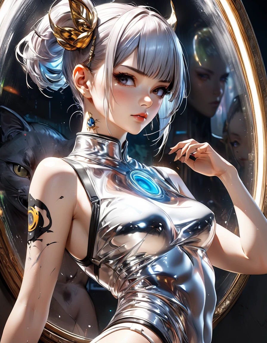 atmosphere oleosa sombria Artwork By Jesper Ejsing Looking into the mirror of truth Detailed cyber cat punk girl sexy DBZ Chun-li Naruto fênix Carne Griffiths Michael Garmash, seb McKinnon, masterpiece", Silver gold latex art, in 4D lighting, 8k concept art; ; trending on artstation; deep color; ink drawing; In Futuristic Ultra Detailed , fear Background, Highly Detailed, in buraco ????? Scale Like Skin, Daz 3d, Unity, Unreal Engine 5