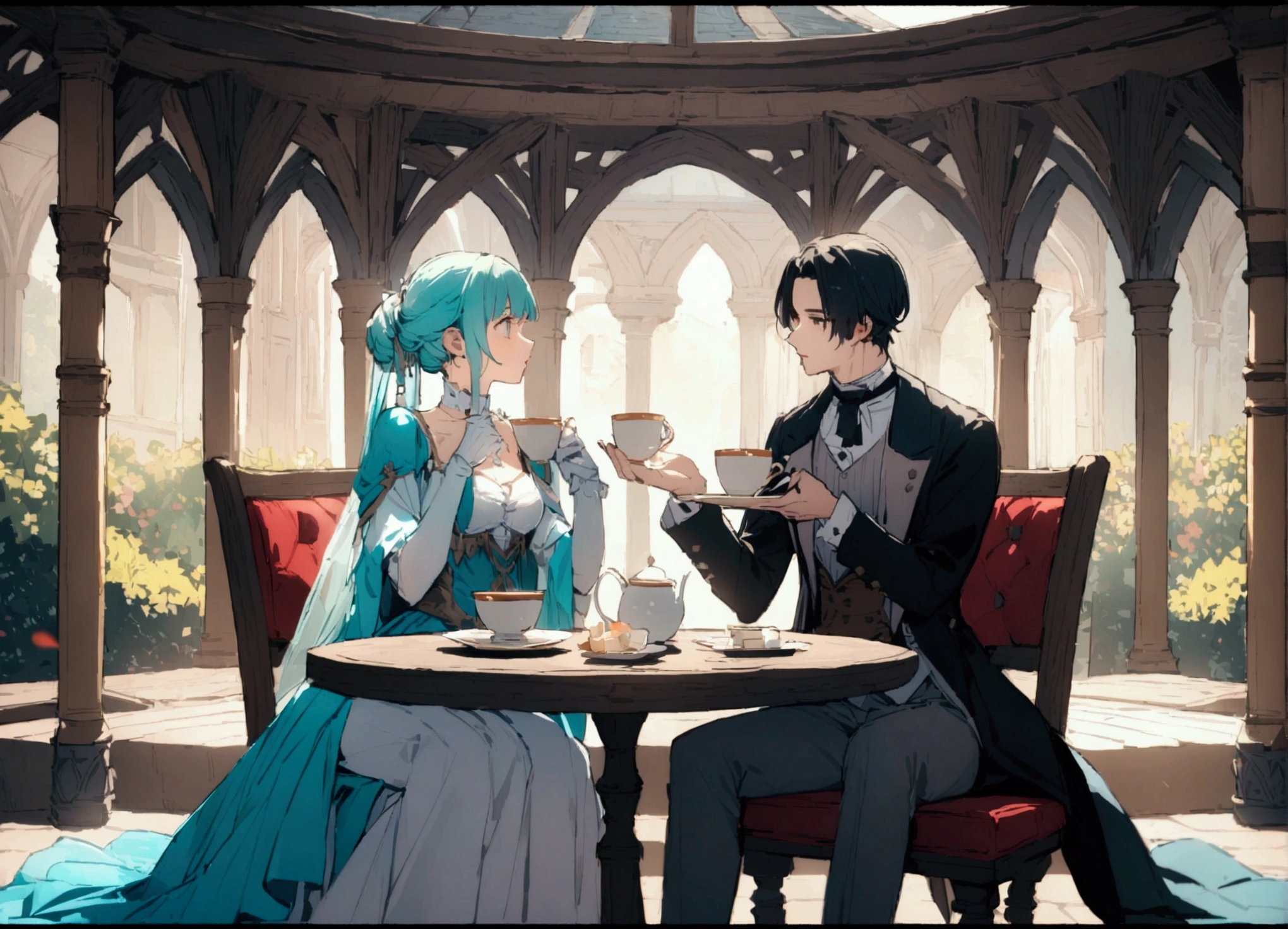 (8k, Highest quality, masterpiece:1.2),(Highest quality:1.0), (Ultra-high resolution:1.0), Very bright and luminous design, pastel colour,The Young Lady and Her Butler，The young lady sits in a chair and takes a sip from her coffee cup.、The butler stands beside the young lady、Butlers are not allowed to sit down.、tea time、A gazebo in the courtyard、Gazebo、Petals flutter、Medieval Europe