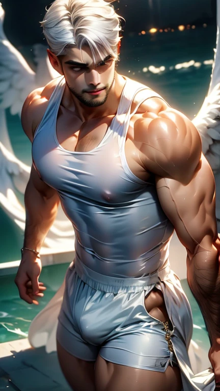 Handsome tall man strong muscular silky white hair wearing a sleeveless shirt and shorts being possessed by a powerful demon
