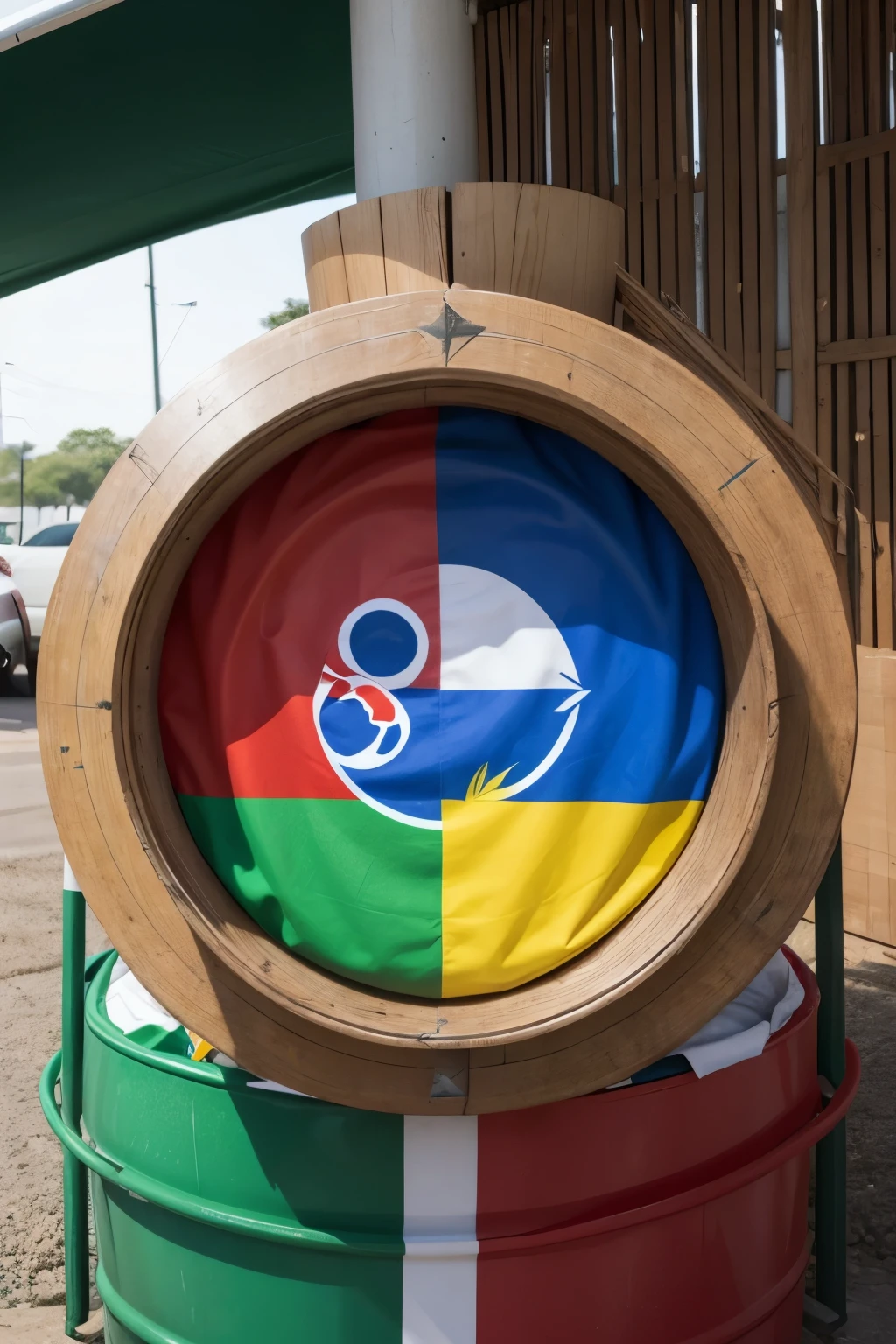 Create a flag with Elements like circular arrows, recycling symbols or even shapes that represent the reuse cycle and with the colors of the South African flag