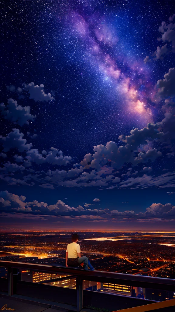 Octane, null, star (null), scenery, starry null, night, One Man, night null, alone, Outdoor, building, cloud, milky way, Sitting, wood, Short Hair, city, silhouette, cityscape