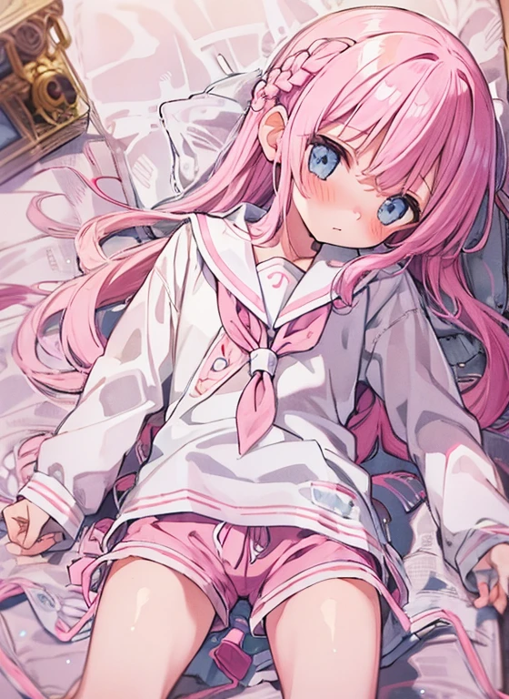 Beautiful illustrations, Highest quality, (:1.4)、(pretty girl:1.5)、 girl、Flat Chest、Sailor collar、(White long tunic:1.4)、Long sleeve sailor suit、Blue-line cuffs、(Pink Chino Shorts:1.7)、(Pink shorts with wide openings:1.6)、Gap between thigh and shorts、Thin thighs、White socks、 Cinema Lighting, (Pink long hair)、Pink Straight Hair、Redness on the cheeks、(Braiding of the back of the head)