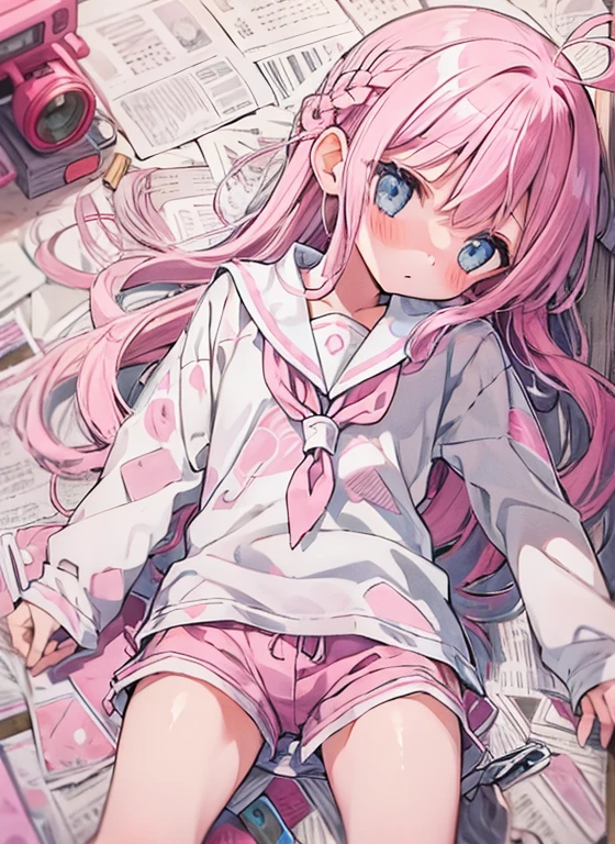 Beautiful illustrations, Highest quality, (:1.4)、(pretty girl:1.5)、 girl、Flat Chest、Sailor collar、(White long tunic:1.4)、Long sleeve sailor suit、Blue-line cuffs、(Pink Chino Shorts:1.7)、(Pink shorts with wide openings:1.6)、Gap between thigh and shorts、Thin thighs、White socks、 Cinema Lighting, (Pink long hair)、Pink Straight Hair、Redness on the cheeks、(Braiding of the back of the head)
