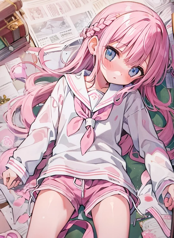 Beautiful illustrations, Highest quality, (:1.4)、(pretty girl:1.5)、 girl、Flat Chest、Sailor collar、(White long tunic:1.4)、Long sleeve sailor suit、Blue-line cuffs、(Pink Chino Shorts:1.7)、(Pink shorts with wide openings:1.6)、Gap between thigh and shorts、Thin thighs、White socks、 Cinema Lighting, (Pink long hair)、Pink Straight Hair、Redness on the cheeks、(Braiding of the back of the head)