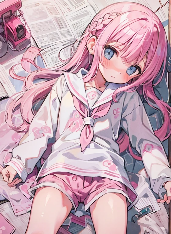 Beautiful illustrations, Highest quality, (12-year-old girl:1.4)、(pretty girl：1.5)、 girl、Flat Chest、Sailor collar、(White long tunic:1.4)、Long sleeve sailor suit、Blue-line cuffs、(Pink Chino Shorts：1.7)、(Pink shorts with wide openings：1.6)、Gap between thigh and shorts、Thin thighs、White socks、 Cinema Lighting, (Pink long hair)、Pink Straight Hair、Redness on the cheeks、(Braiding of the back of the head)