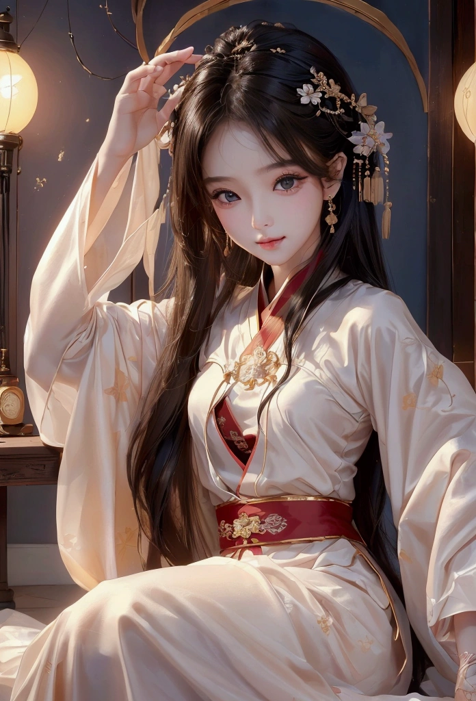 Best image quality、8k、masterpiece:1.3))、Realistic high-quality photos、Highest quality、 Beautiful face、Photos of slim models、Beautiful girl model、Young and pretty face、Beautiful model girl、A lovely and delicate face、Black Hair、Beautiful brown eyes、Young Body、Hanfu, (emphasize)、from the front、Camera gaze,、Anatomically correct、胸の谷間をemphasize、whole body、13-year-old female model、smile